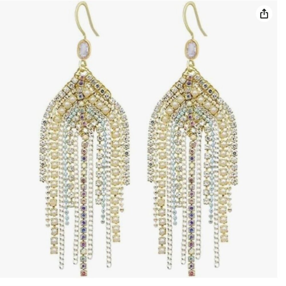Boho Fringe Hook Dangling Earrings Long Handmade Beaded Cubic Zirconia Crystal - Picture 2 of 4